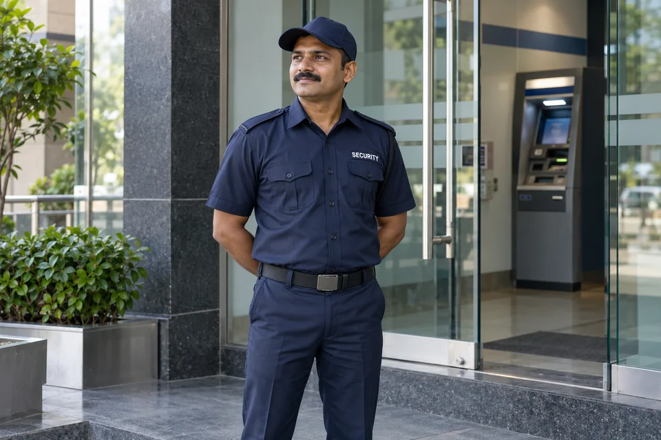 Illustrative uniformed guard at a bank ATM entrance
