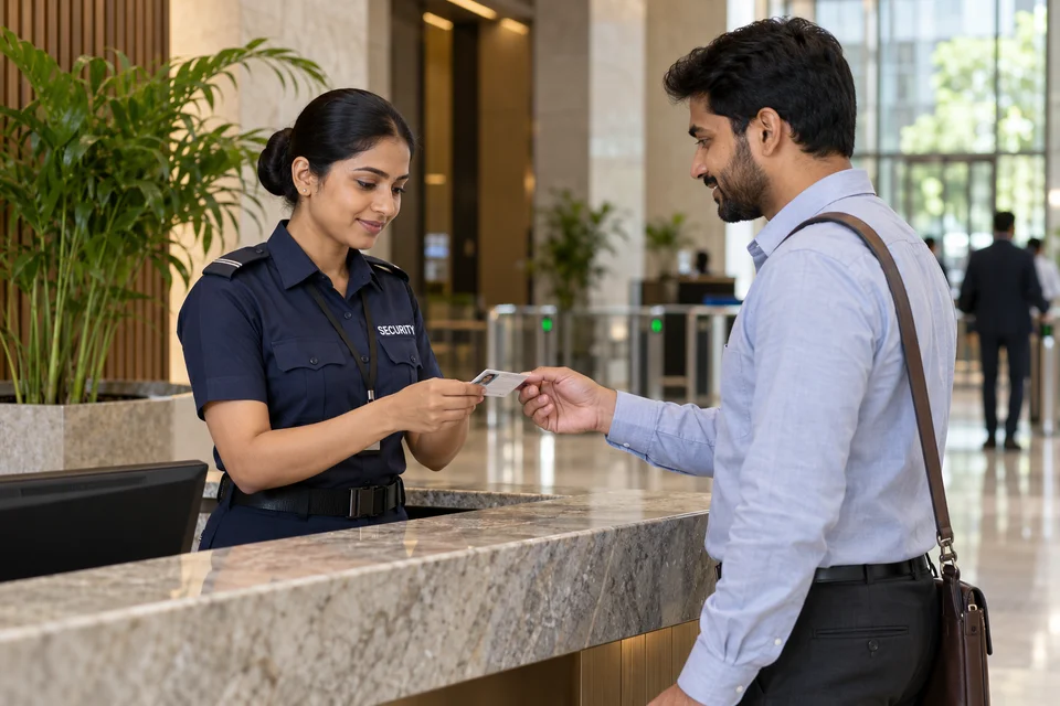 Illustrative security officer checking a visitor’s ID at an office reception