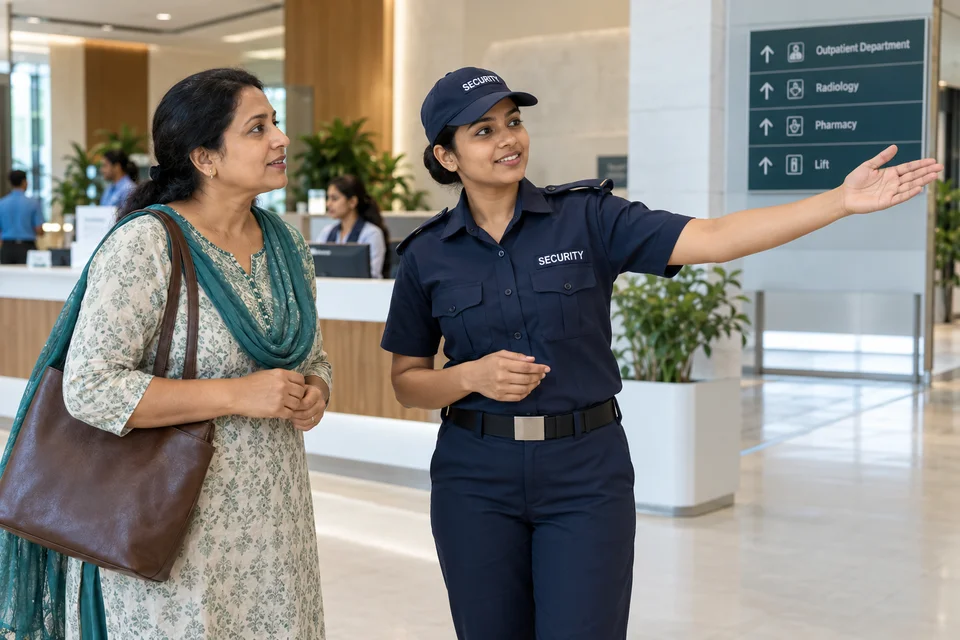 Illustrative security officer helping a hospital visitor