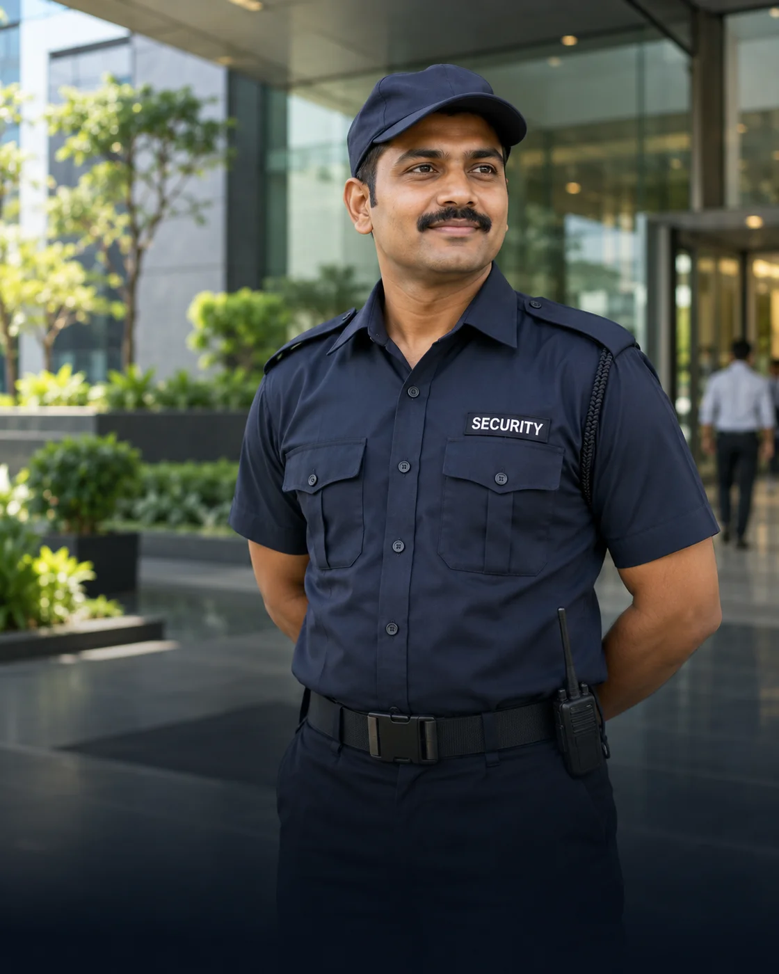 Illustrative portrait of a security officer at a corporate entrance